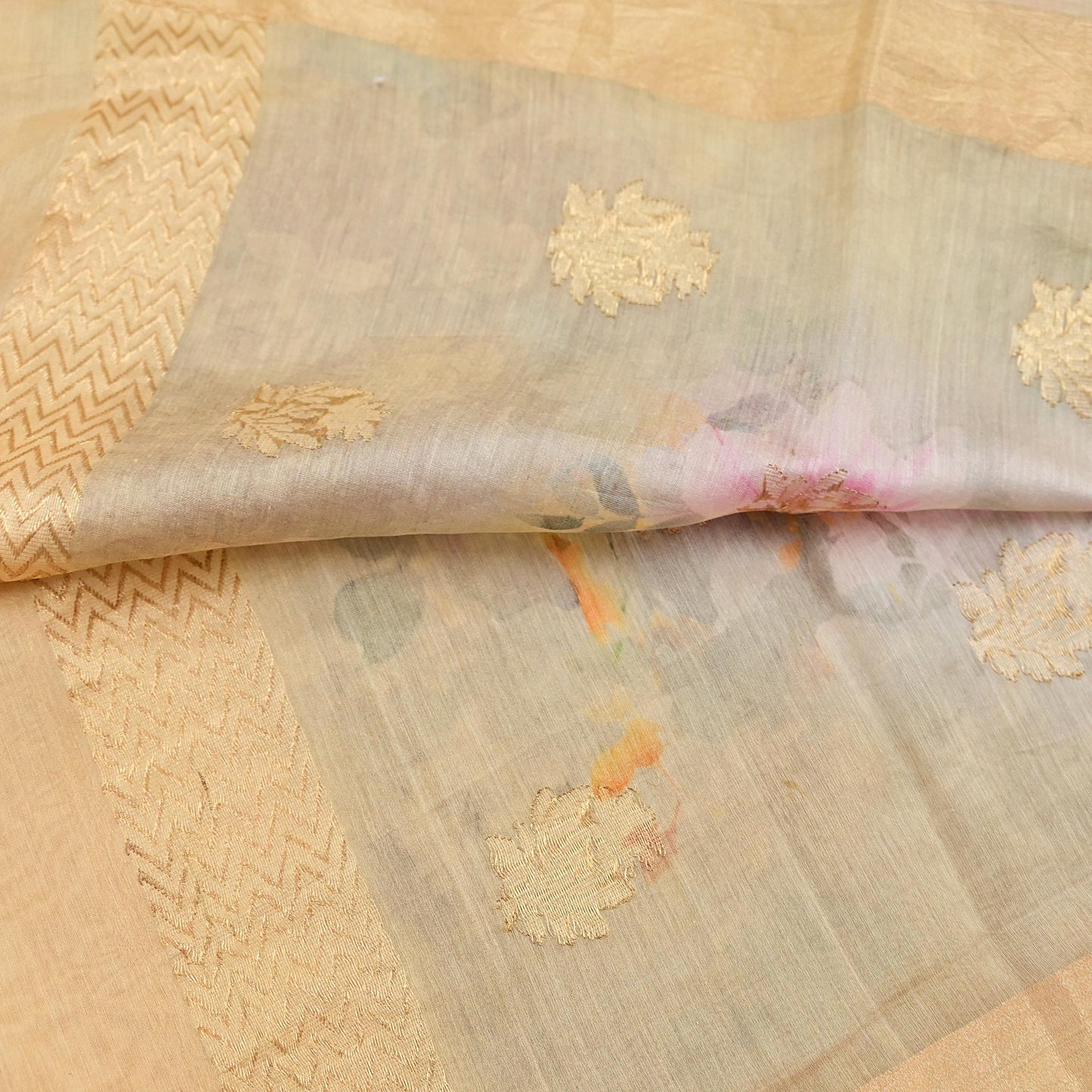 Women Indian Vintage gray ivory Dupatta Long Stole Pure silk Digital Printed Dupatta Veil Scarves soft Boho Wrap Dressmaking Zari Border