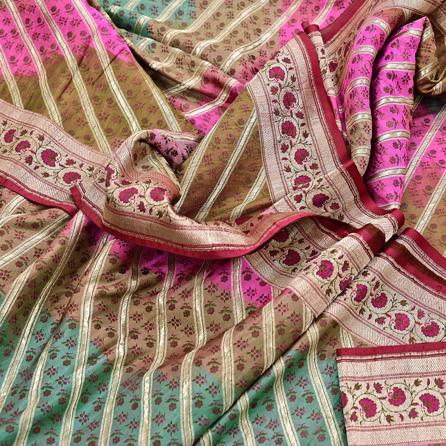 Vintage Multi Heavy Wedding Saree Pure Satin Silk Woven Banarasi Tanchoi Sarees Indian Sari Fabric Golden Zari 5Yd