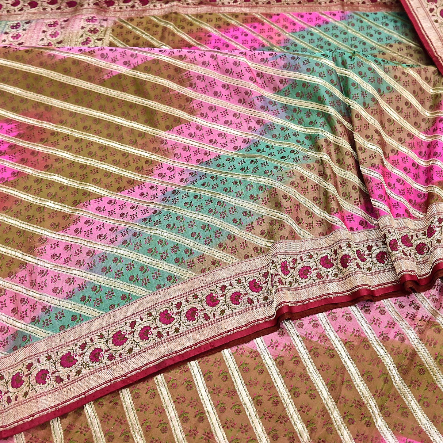 Vintage Multi Heavy Wedding Saree Pure Satin Silk Woven Banarasi Tanchoi Sarees Indian Sari Fabric Golden Zari 5Yd