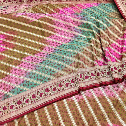 Vintage Multi Heavy Wedding Saree Pure Satin Silk Woven Banarasi Tanchoi Sarees Indian Sari Fabric Golden Zari 5Yd