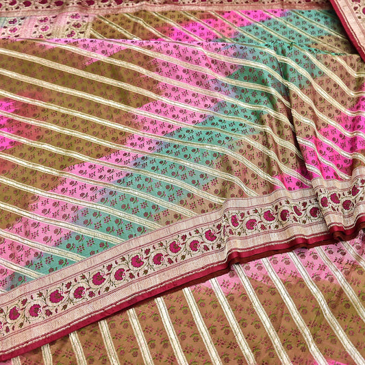 Vintage Multi Heavy Wedding Saree Pure Satin Silk Woven Banarasi Tanchoi Sarees Indian Sari Fabric Golden Zari 5Yd