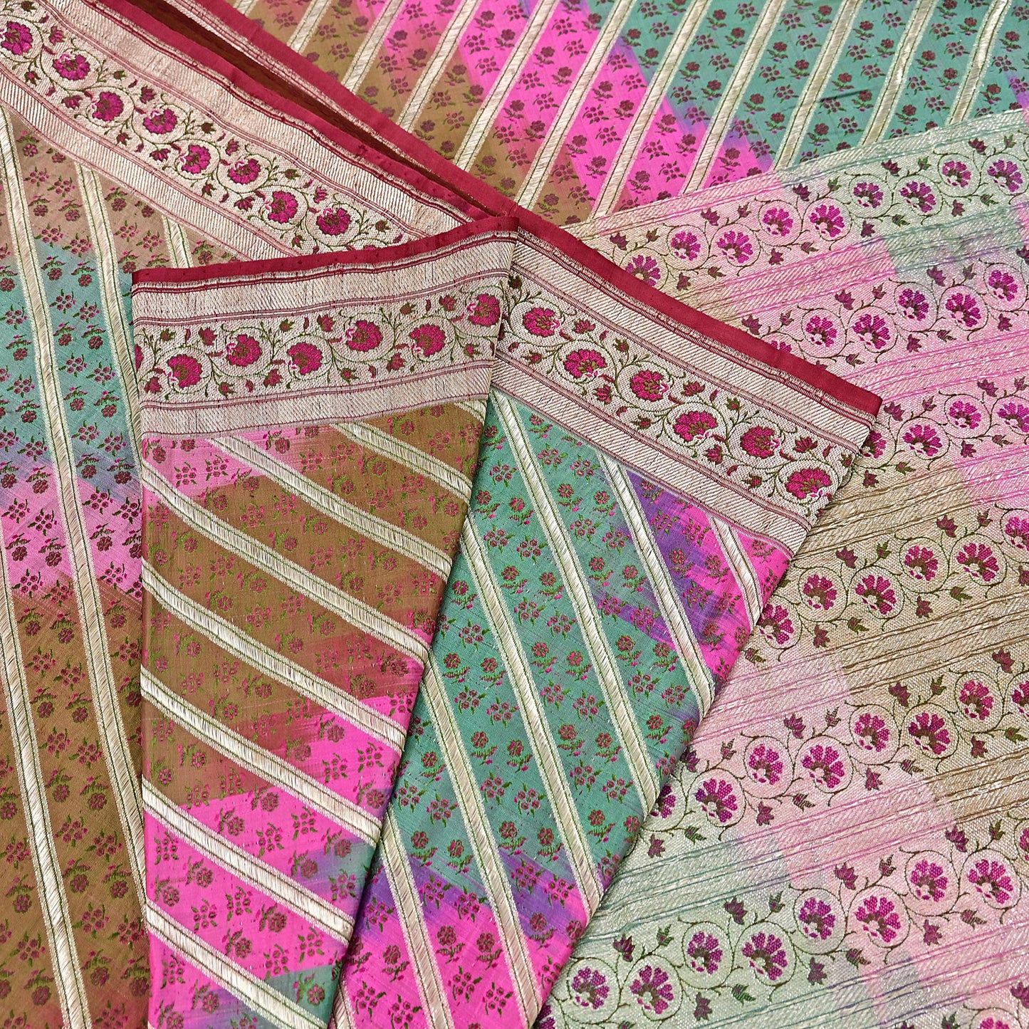 Vintage Multi Heavy Wedding Saree Pure Satin Silk Woven Banarasi Tanchoi Sarees Indian Sari Fabric Golden Zari 5Yd