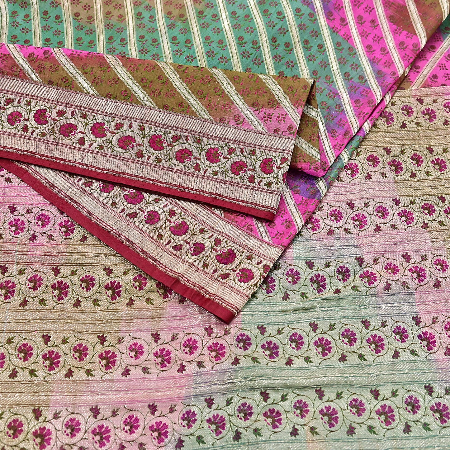 Vintage Multi Heavy Wedding Saree Pure Satin Silk Woven Banarasi Tanchoi Sarees Indian Sari Fabric Golden Zari 5Yd