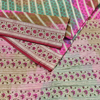 Vintage Multi Heavy Wedding Saree Pure Satin Silk Woven Banarasi Tanchoi Sarees Indian Sari Fabric Golden Zari 5Yd