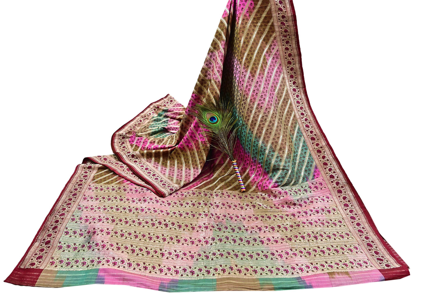 Vintage Multi Heavy Wedding Saree Pure Satin Silk Woven Banarasi Tanchoi Sarees Indian Sari Fabric Golden Zari 5Yd