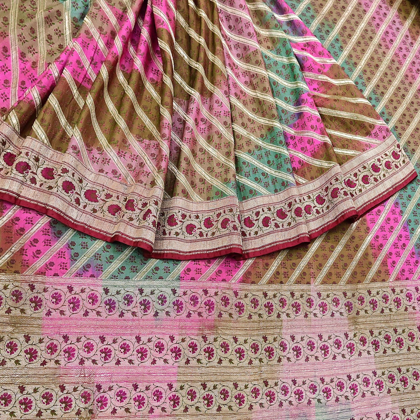 Vintage Multi Heavy Wedding Saree Pure Satin Silk Woven Banarasi Tanchoi Sarees Indian Sari Fabric Golden Zari 5Yd