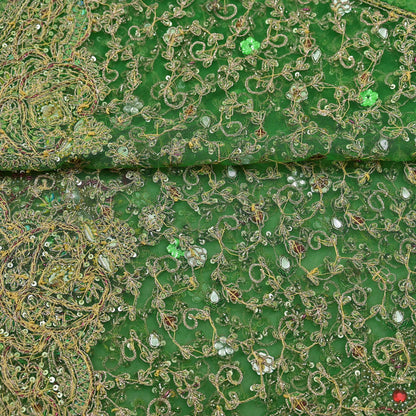 Indian Vintage Heavy Bridal Dupatta Hand Embroidered Green Net Mesh Veil Zardozi, Zari, Sequins Work Long Stole, Scarf, Hijab