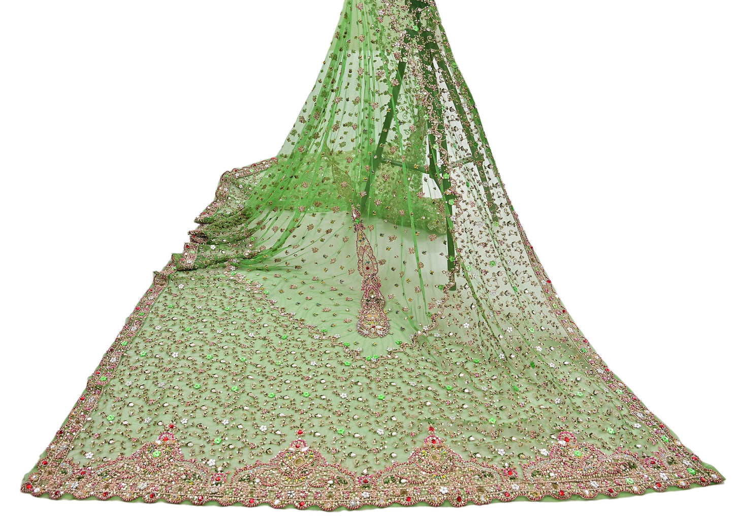 Indian Vintage Heavy Bridal Dupatta Hand Embroidered Green Net Mesh Veil Zardozi, Zari, Sequins Work Long Stole, Scarf, Hijab