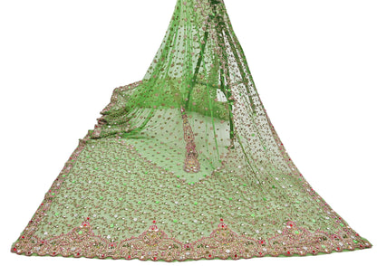 Indian Vintage Heavy Bridal Dupatta Hand Embroidered Green Net Mesh Veil Zardozi, Zari, Sequins Work Long Stole, Scarf, Hijab