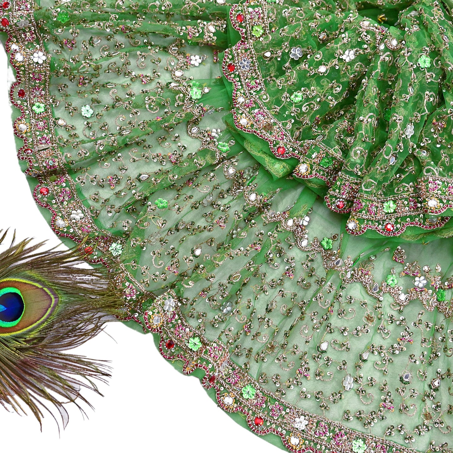 Indian Vintage Heavy Bridal Dupatta Hand Embroidered Green Net Mesh Veil Zardozi, Zari, Sequins Work Long Stole, Scarf, Hijab