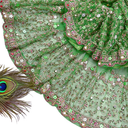 Indian Vintage Heavy Bridal Dupatta Hand Embroidered Green Net Mesh Veil Zardozi, Zari, Sequins Work Long Stole, Scarf, Hijab