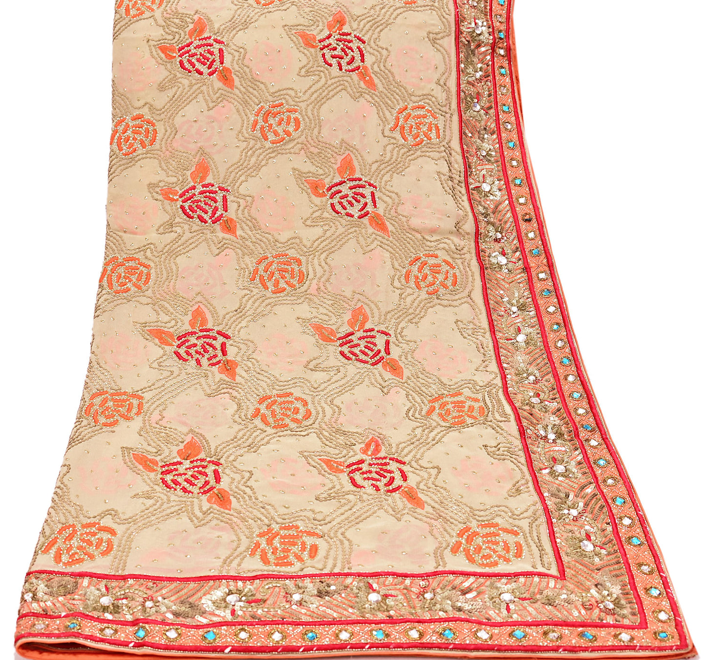 Indian Vintage Heavy Beige Dupatta Pure Georgette Silk Long Stole Hand Embroidered Scarf Zardozi/Dabka Wedding Hijab veil Boho