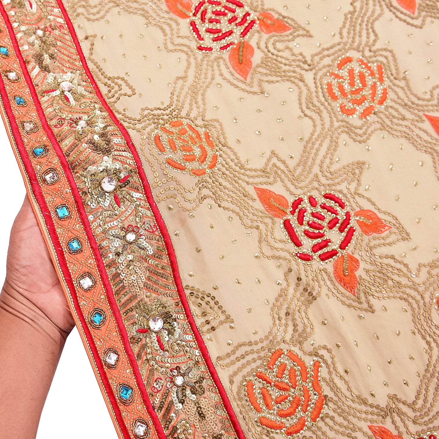 Indian Vintage Heavy Beige Dupatta Pure Georgette Silk Long Stole Hand Embroidered Scarf Zardozi/Dabka Wedding Hijab veil Boho