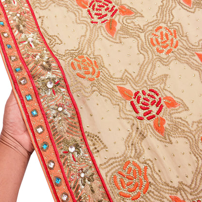 Indian Vintage Heavy Beige Dupatta Pure Georgette Silk Long Stole Hand Embroidered Scarf Zardozi/Dabka Wedding Hijab veil Boho