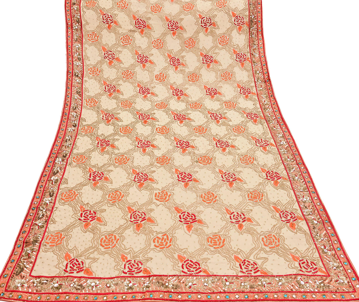 Indian Vintage Heavy Beige Dupatta Pure Georgette Silk Long Stole Hand Embroidered Scarf Zardozi/Dabka Wedding Hijab veil Boho