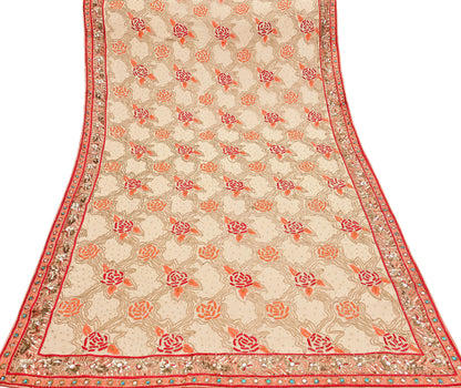 Indian Vintage Heavy Beige Dupatta Pure Georgette Silk Long Stole Hand Embroidered Scarf Zardozi/Dabka Wedding Hijab veil Boho