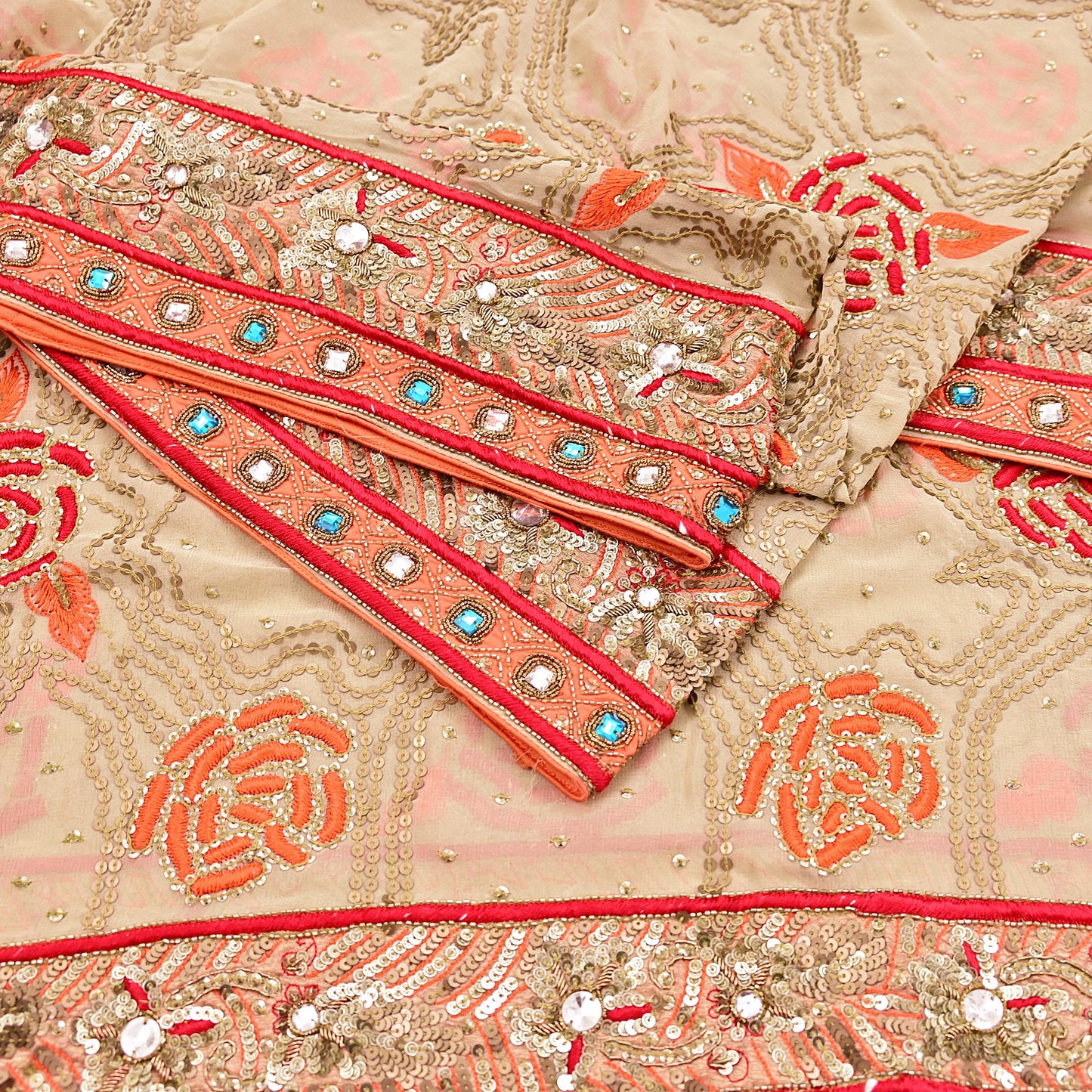 Indian Vintage Heavy Beige Dupatta Pure Georgette Silk Long Stole Hand Embroidered Scarf Zardozi/Dabka Wedding Hijab veil Boho