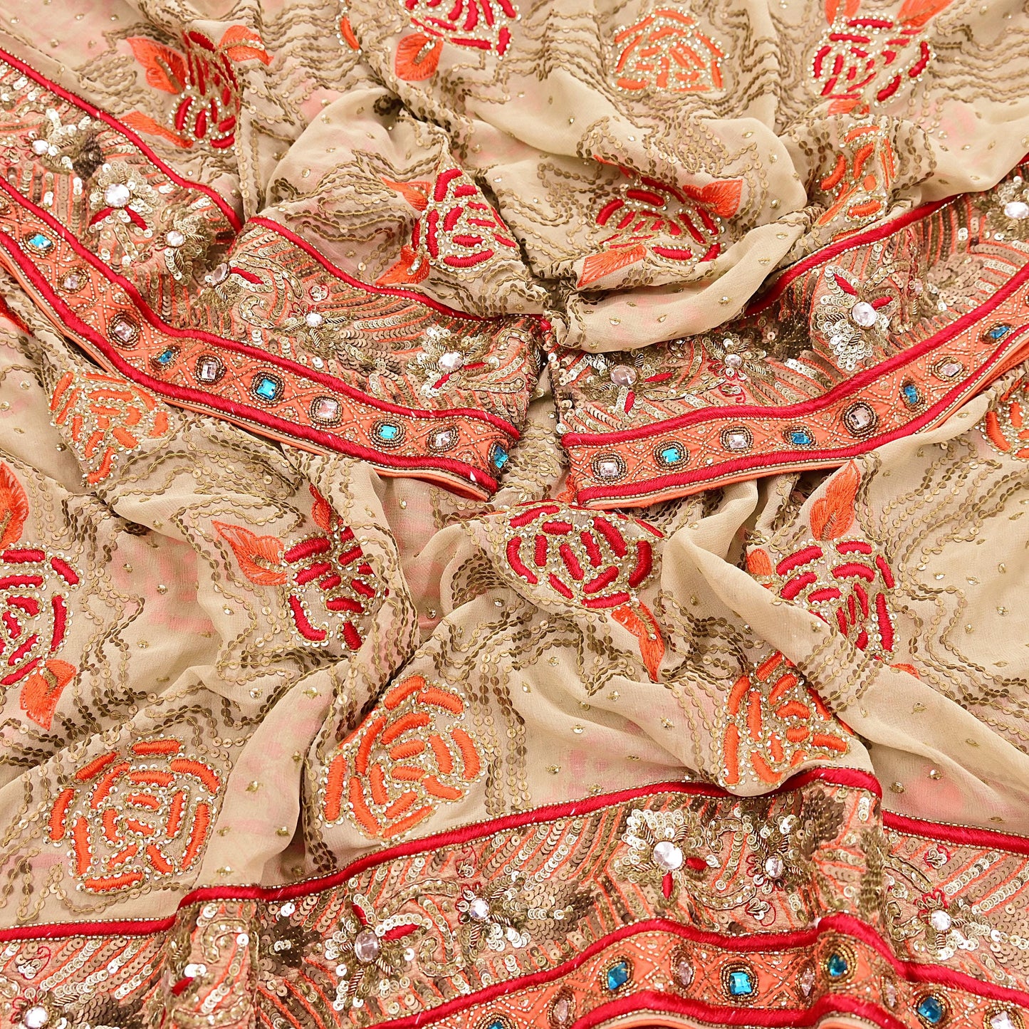 Indian Vintage Heavy Beige Dupatta Pure Georgette Silk Long Stole Hand Embroidered Scarf Zardozi/Dabka Wedding Hijab veil Boho
