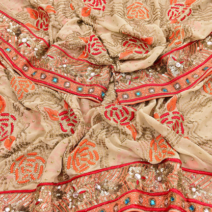 Indian Vintage Heavy Beige Dupatta Pure Georgette Silk Long Stole Hand Embroidered Scarf Zardozi/Dabka Wedding Hijab veil Boho