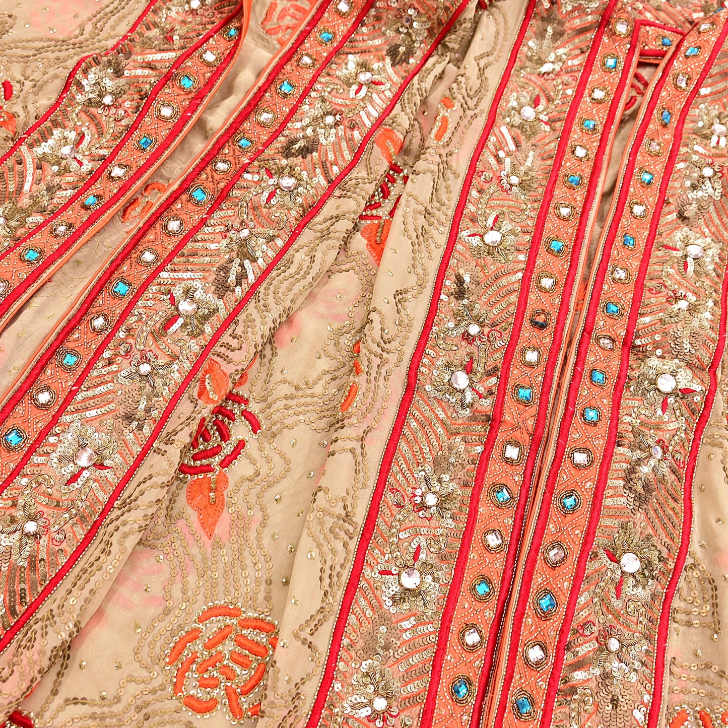 Indian Vintage Heavy Beige Dupatta Pure Georgette Silk Long Stole Hand Embroidered Scarf Zardozi/Dabka Wedding Hijab veil Boho