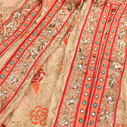Indian Vintage Heavy Beige Dupatta Pure Georgette Silk Long Stole Hand Embroidered Scarf Zardozi/Dabka Wedding Hijab veil Boho