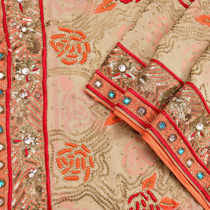 Indian Vintage Heavy Beige Dupatta Pure Georgette Silk Long Stole Hand Embroidered Scarf Zardozi/Dabka Wedding Hijab veil Boho