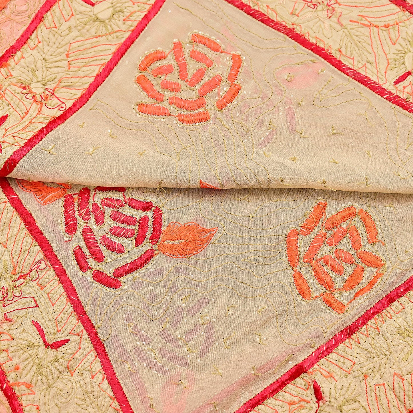 Indian Vintage Heavy Beige Dupatta Pure Georgette Silk Long Stole Hand Embroidered Scarf Zardozi/Dabka Wedding Hijab veil Boho