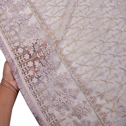 Indian Vintage Heavy Dupatta Dusty Purple Net Mesh Long Stole Hand Embroidered Scarves Zardozi/Dabka Zari Sequins Wedding Hijab Veil