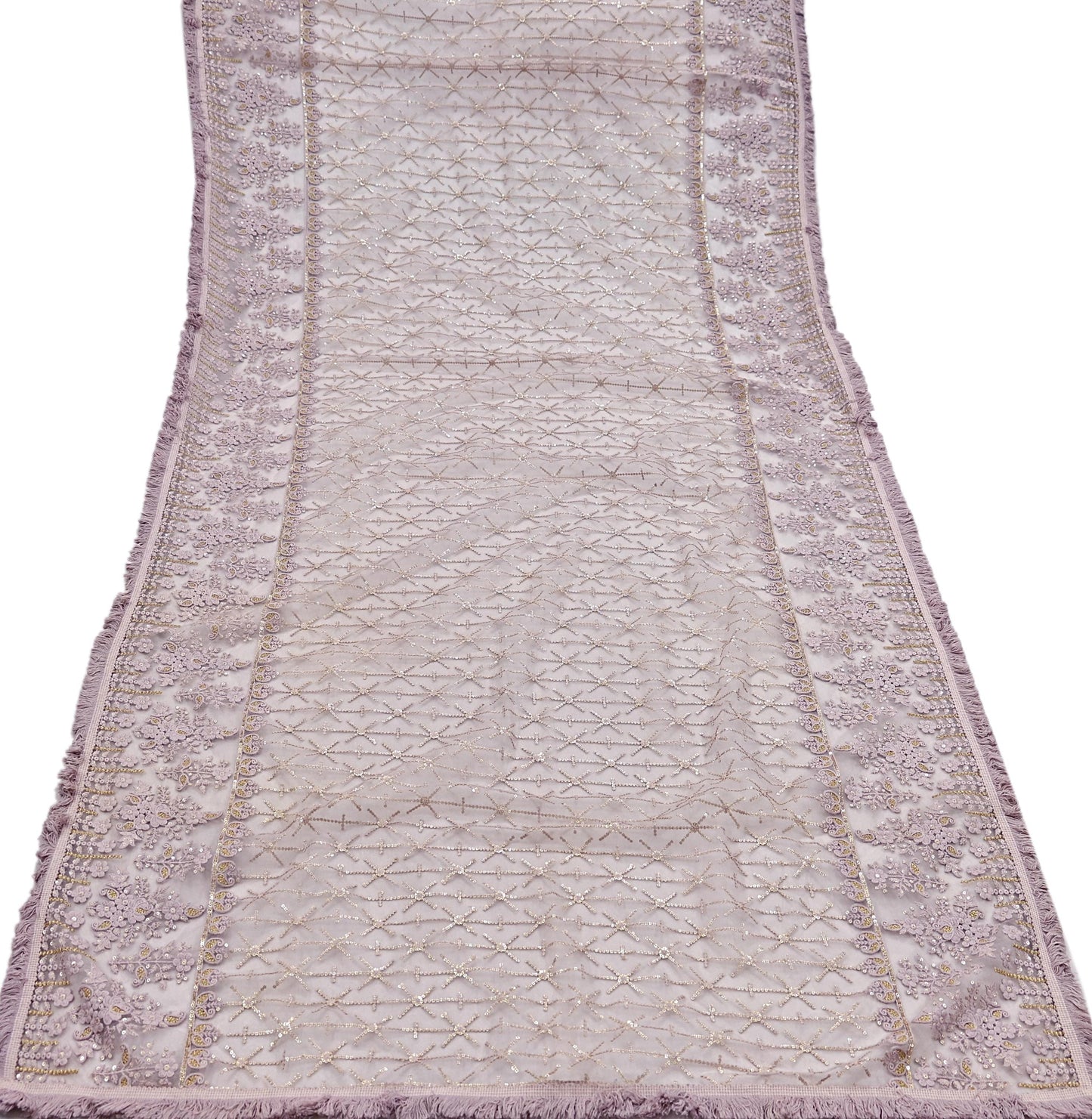 Indian Vintage Heavy Dupatta Dusty Purple Net Mesh Long Stole Hand Embroidered Scarves Zardozi/Dabka Zari Sequins Wedding Hijab Veil