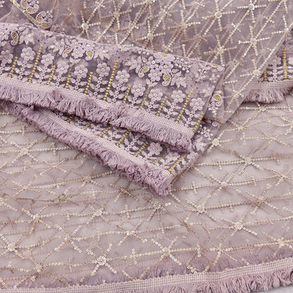Indian Vintage Heavy Dupatta Dusty Purple Net Mesh Long Stole Hand Embroidered Scarves Zardozi/Dabka Zari Sequins Wedding Hijab Veil