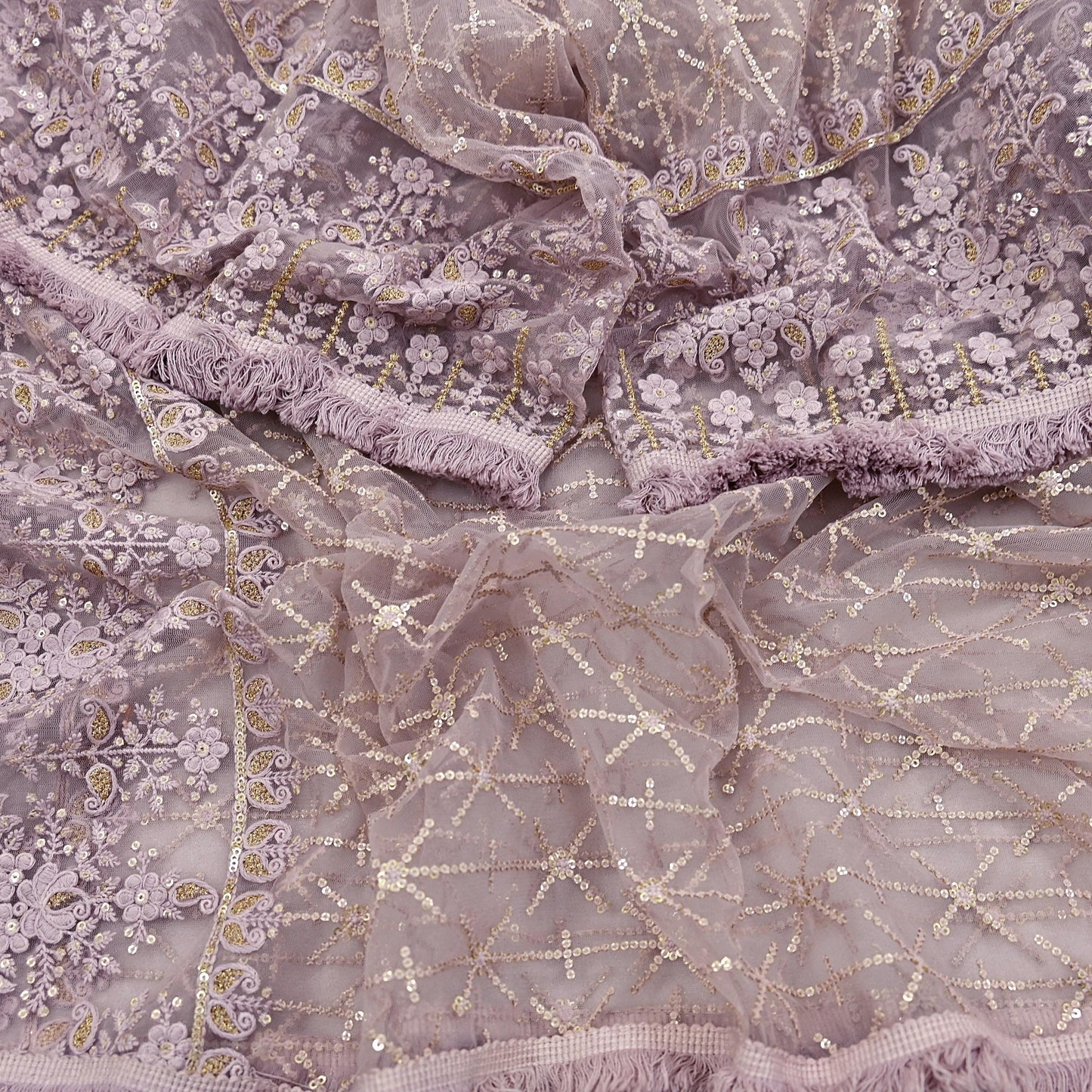 Indian Vintage Heavy Dupatta Dusty Purple Net Mesh Long Stole Hand Embroidered Scarves Zardozi/Dabka Zari Sequins Wedding Hijab Veil