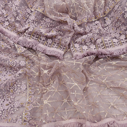 Indian Vintage Heavy Dupatta Dusty Purple Net Mesh Long Stole Hand Embroidered Scarves Zardozi/Dabka Zari Sequins Wedding Hijab Veil