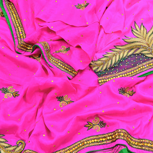 Indian Vintage Heavy Pink Dupatta Pure silk Long Stole Hand Embroidered Hijab Scarves Veil Wrap Zardozi Dabka
