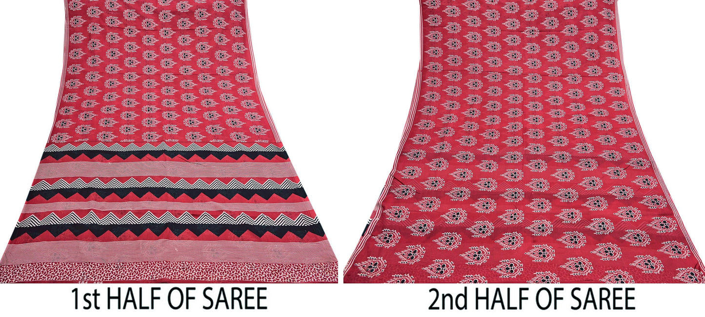 Indian Vintage Red Saree Printed 100% Pure Cotton Sari Craft Fabric 5Yd Soft Sewing Sarong Wrap Dress Making Quilting Crafting