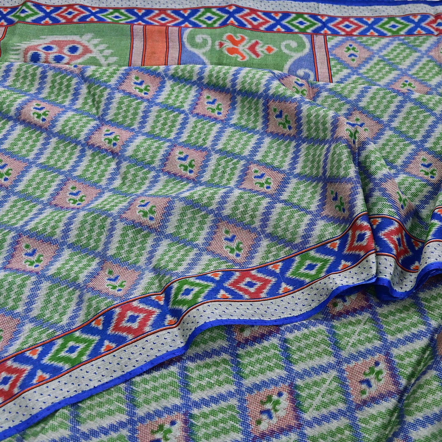Indian Vintage Sari Green & Blue Pure Cotton Printed Sarees Craft Fabric 5Yd Soft Sewing Sarong Wrap Boho Floral Quilting Upcycle Crafting