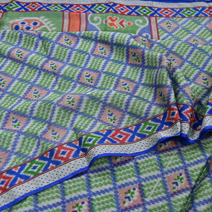 Indian Vintage Sari Green & Blue Pure Cotton Printed Sarees Craft Fabric 5Yd Soft Sewing Sarong Wrap Boho Floral Quilting Upcycle Crafting