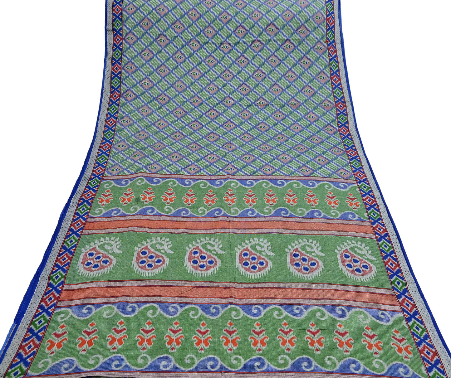 Indian Vintage Sari Green & Blue Pure Cotton Printed Sarees Craft Fabric 5Yd Soft Sewing Sarong Wrap Boho Floral Quilting Upcycle Crafting