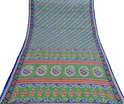Indian Vintage Sari Green & Blue Pure Cotton Printed Sarees Craft Fabric 5Yd Soft Sewing Sarong Wrap Boho Floral Quilting Upcycle Crafting