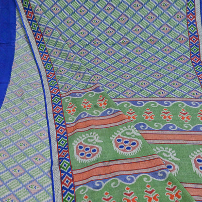 Indian Vintage Sari Green & Blue Pure Cotton Printed Sarees Craft Fabric 5Yd Soft Sewing Sarong Wrap Boho Floral Quilting Upcycle Crafting
