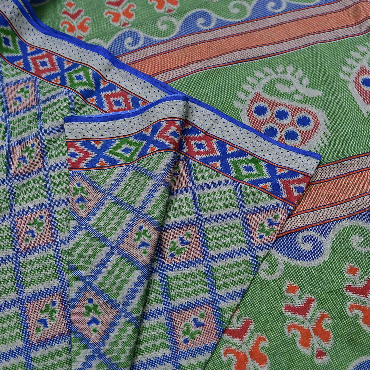 Indian Vintage Sari Green & Blue Pure Cotton Printed Sarees Craft Fabric 5Yd Soft Sewing Sarong Wrap Boho Floral Quilting Upcycle Crafting