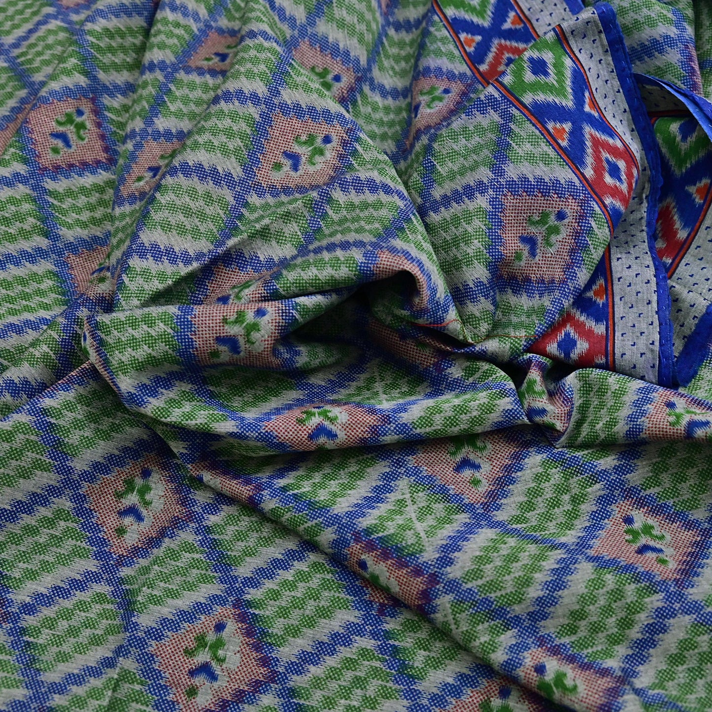 Indian Vintage Sari Green & Blue Pure Cotton Printed Sarees Craft Fabric 5Yd Soft Sewing Sarong Wrap Boho Floral Quilting Upcycle Crafting