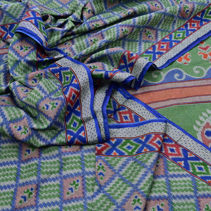 Indian Vintage Sari Green & Blue Pure Cotton Printed Sarees Craft Fabric 5Yd Soft Sewing Sarong Wrap Boho Floral Quilting Upcycle Crafting