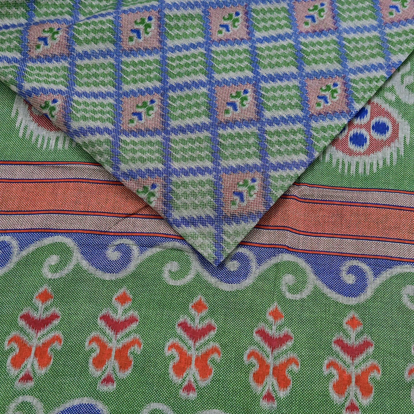 Indian Vintage Sari Green & Blue Pure Cotton Printed Sarees Craft Fabric 5Yd Soft Sewing Sarong Wrap Boho Floral Quilting Upcycle Crafting