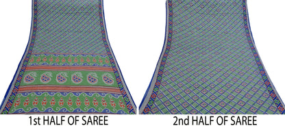Indian Vintage Sari Green & Blue Pure Cotton Printed Sarees Craft Fabric 5Yd Soft Sewing Sarong Wrap Boho Floral Quilting Upcycle Crafting