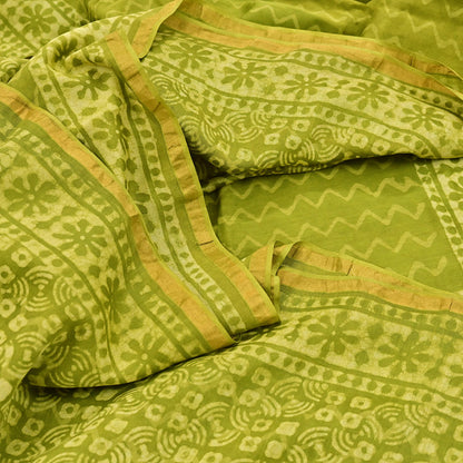 Indian Vintage Green & yellow Block Printed Pure Chanderi Silk Saree Zari Border 6Yards Soft Craft Fabric for Upcycling, Dressmaking,