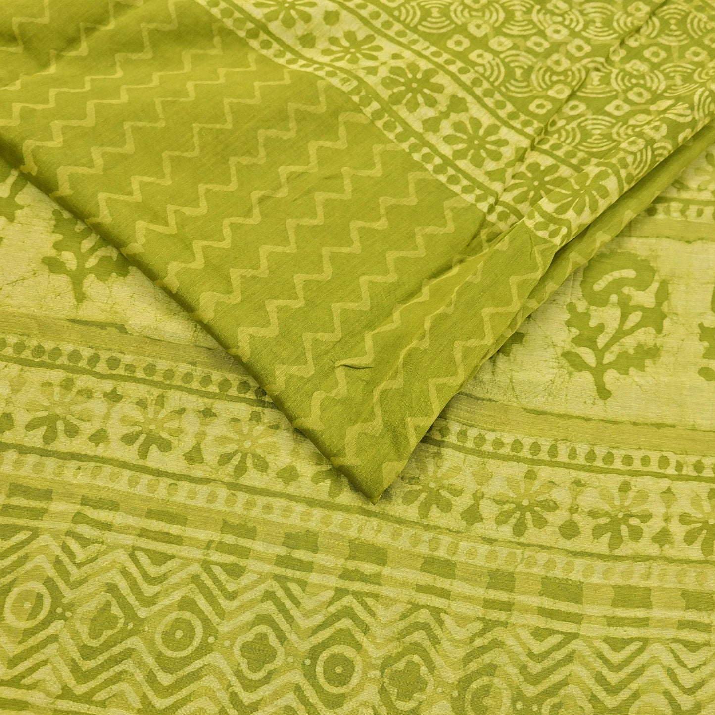 Indian Vintage Green & yellow Block Printed Pure Chanderi Silk Saree Zari Border 6Yards Soft Craft Fabric for Upcycling, Dressmaking,