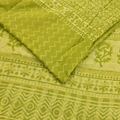 Indian Vintage Green & yellow Block Printed Pure Chanderi Silk Saree Zari Border 6Yards Soft Craft Fabric for Upcycling, Dressmaking,