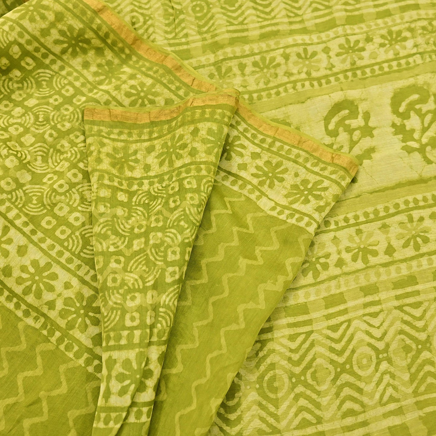 Indian Vintage Green & yellow Block Printed Pure Chanderi Silk Saree Zari Border 6Yards Soft Craft Fabric for Upcycling, Dressmaking,