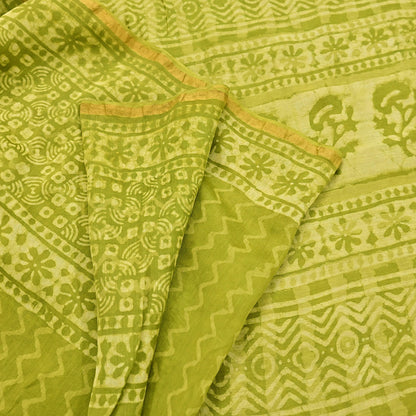 Indian Vintage Green & yellow Block Printed Pure Chanderi Silk Saree Zari Border 6Yards Soft Craft Fabric for Upcycling, Dressmaking,