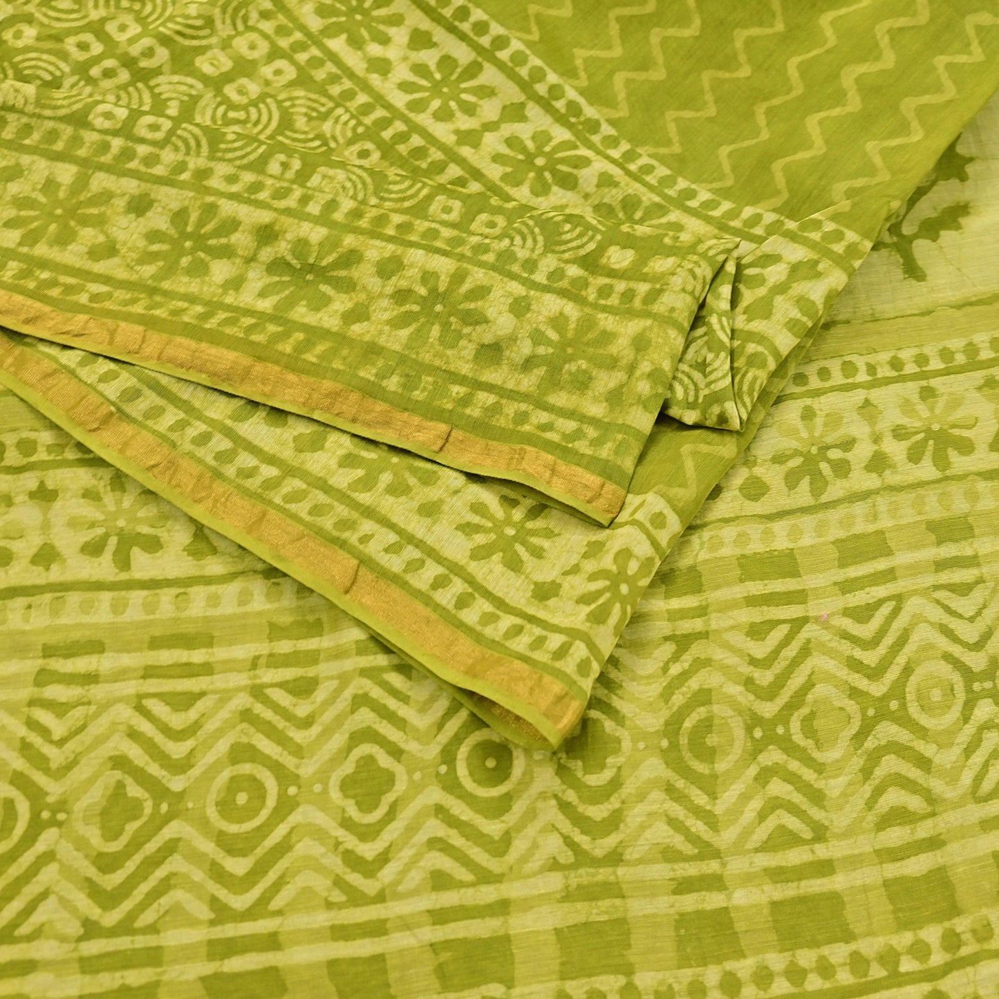 Indian Vintage Green & yellow Block Printed Pure Chanderi Silk Saree Zari Border 6Yards Soft Craft Fabric for Upcycling, Dressmaking,